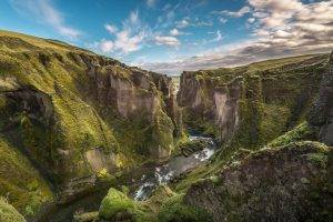 nature, Landscape, Canyon, Iceland, River, Moss, Clouds