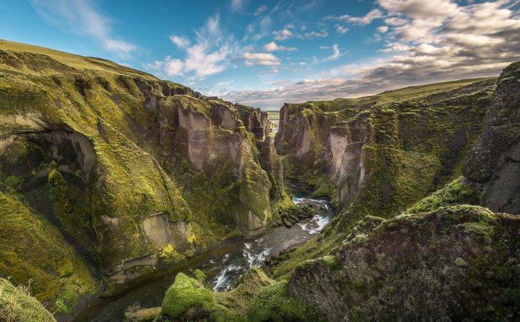 nature, Landscape, Canyon, Iceland, River, Moss, Clouds HD Wallpaper Desktop Background