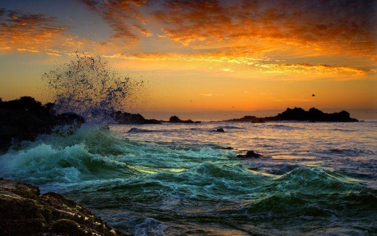 nature, Landscape, Sunrise, Rock, Sea, Clouds, Coast, Water HD Wallpaper Desktop Background