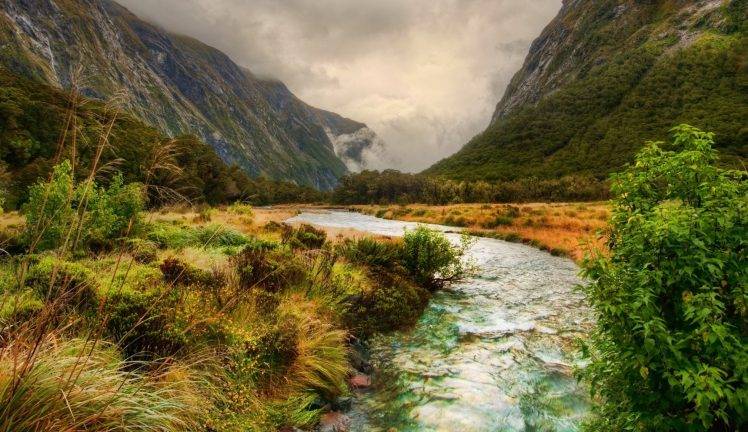 nature, Landscape, River, Mountain, Clouds, Shrubs, Grass HD Wallpaper Desktop Background