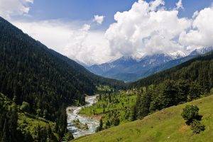 nature, Landscape, Valley, Kashmir, Mountain, Forest, Grass, Green, Snowy Peak, Clouds, River, Trees