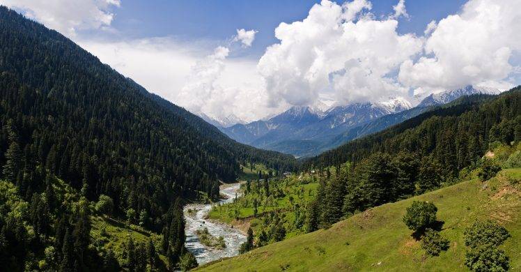 nature, Landscape, Valley, Kashmir, Mountain, Forest, Grass, Green, Snowy Peak, Clouds, River, Trees HD Wallpaper Desktop Background