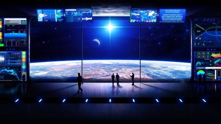 space, Spaceship, Digital Art, Futuristic, Stars, Planet HD Wallpaper Desktop Background