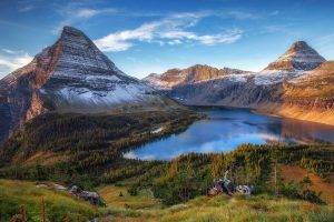 nature, Landscape, Forest, Glacier National Park, Montana, Lake, Mountain, Sunrise, Snowy Peak, Water, Grass