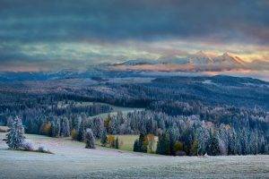 nature, Landscape, Mountain, Forest, Sunset, Fall, Frost, Snowy Peak, Clouds, Cold, Valley, Field