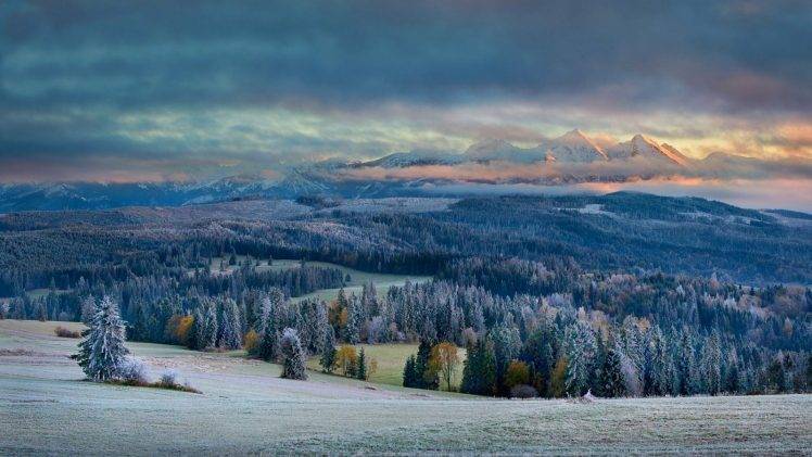 nature, Landscape, Mountain, Forest, Sunset, Fall, Frost, Snowy Peak, Clouds, Cold, Valley, Field HD Wallpaper Desktop Background