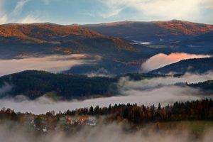 nature, Landscape, Mist, Sunset, Mountain, Villages, Forest, Fall