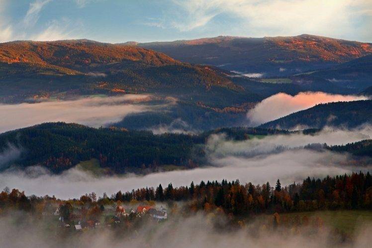 nature, Landscape, Mist, Sunset, Mountain, Villages, Forest, Fall HD Wallpaper Desktop Background