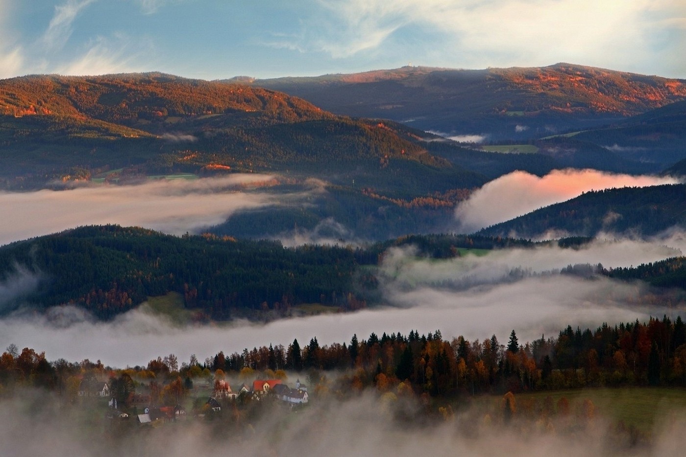 nature, Landscape, Mist, Sunset, Mountain, Villages, Forest, Fall Wallpaper