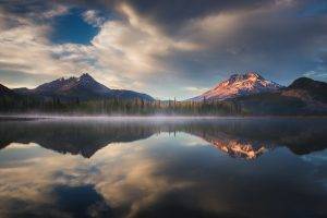 nature, Landscape, Lake, Sunrise, Oregon, Mist, Mountain, Forest, Snowy Peak, Reflection, Water, Clouds