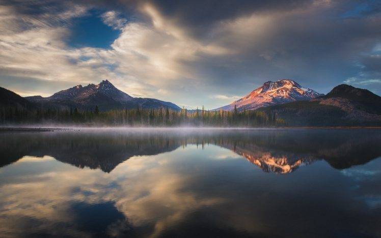 nature, Landscape, Lake, Sunrise, Oregon, Mist, Mountain, Forest, Snowy Peak, Reflection, Water, Clouds HD Wallpaper Desktop Background