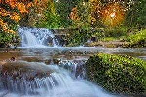 nature, Landscape, Waterfall, Moss, Forest, Sunset, Trees