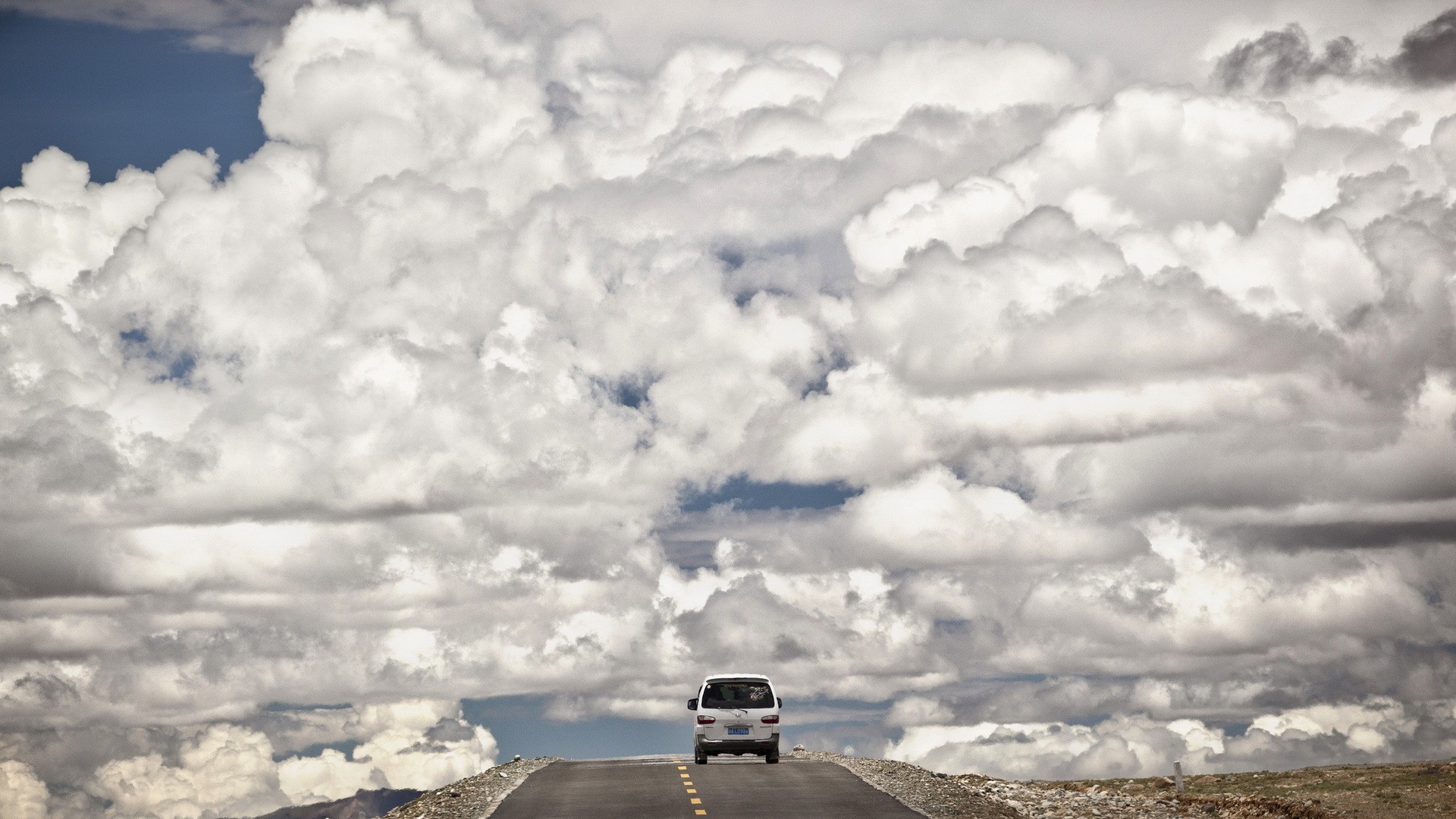 vehicle, Car, Clouds, Road, Horizon, Rear View, Rock, Anime, Luna Amor, Planet Wallpaper