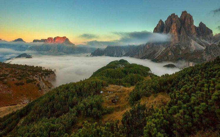 nature, Landscape, Mountain, Sunset, Forest, Mist, Clouds HD Wallpaper Desktop Background