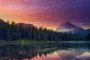 nature, Landscape, Sunset, Mountain, Lake, Forest, Clouds, Reflection, Italy
