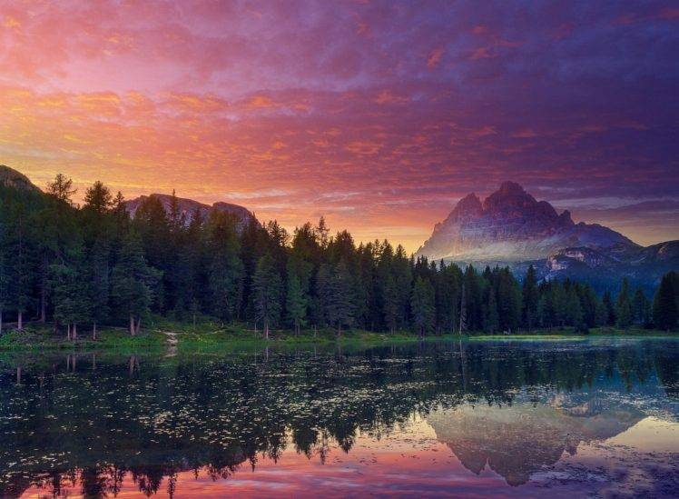 nature, Landscape, Sunset, Mountain, Lake, Forest, Clouds, Reflection, Italy HD Wallpaper Desktop Background