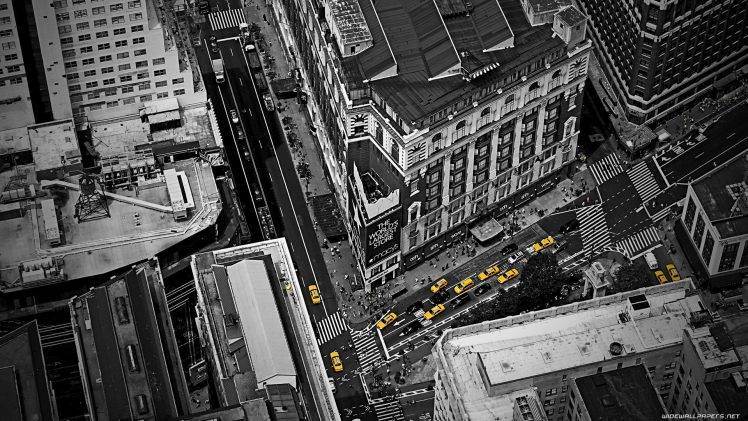 architecture, Building, City, Cityscape, New York City, USA, Birds Eye View, Selective Coloring, Street, Car, Urban, Taxi, Rooftops, Crowds, Road HD Wallpaper Desktop Background
