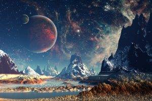 stars, Planet, Space, Mountain, Digital Art, Artwork
