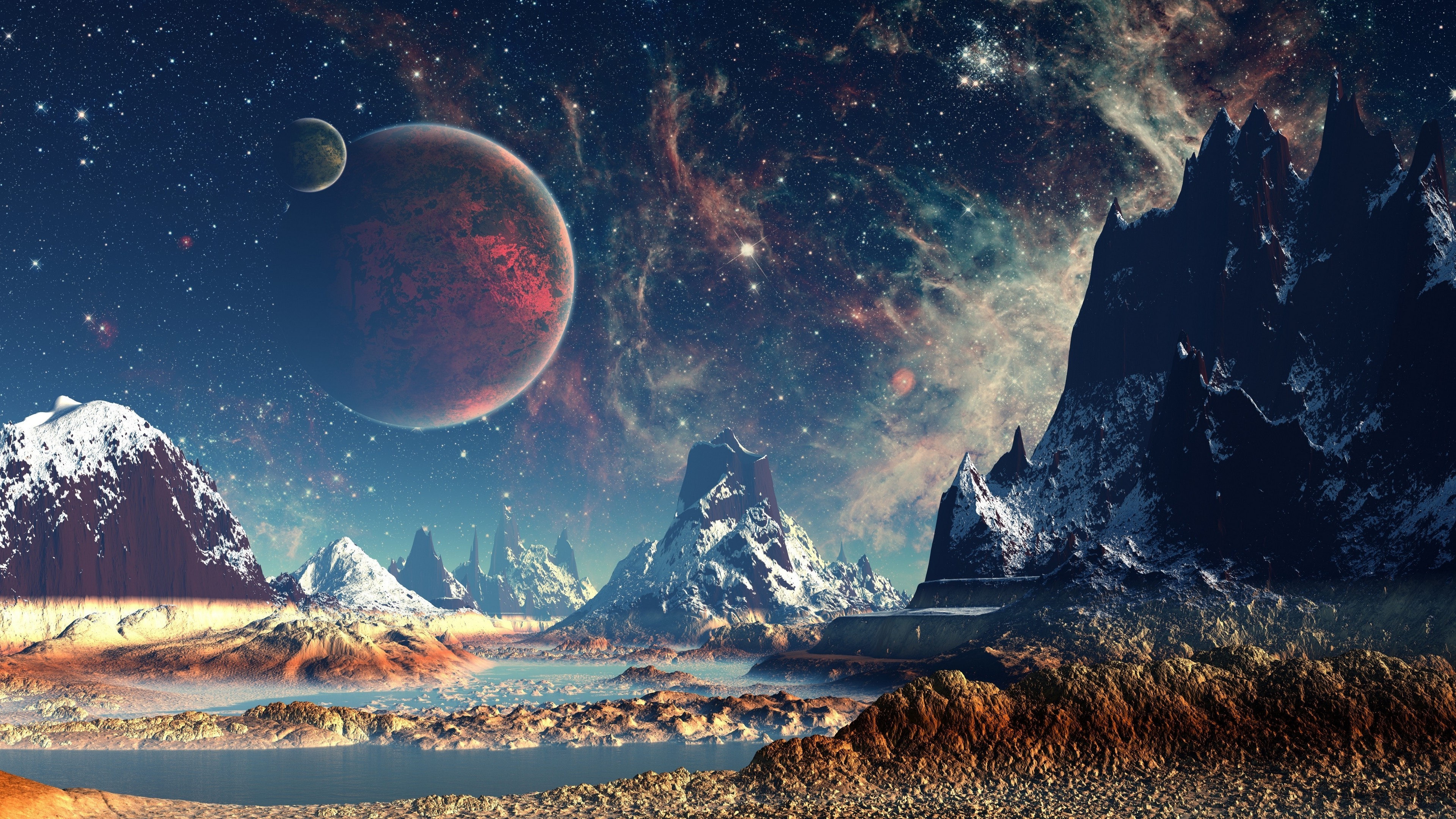 stars, Planet, Space, Mountain, Digital Art, Artwork Wallpaper