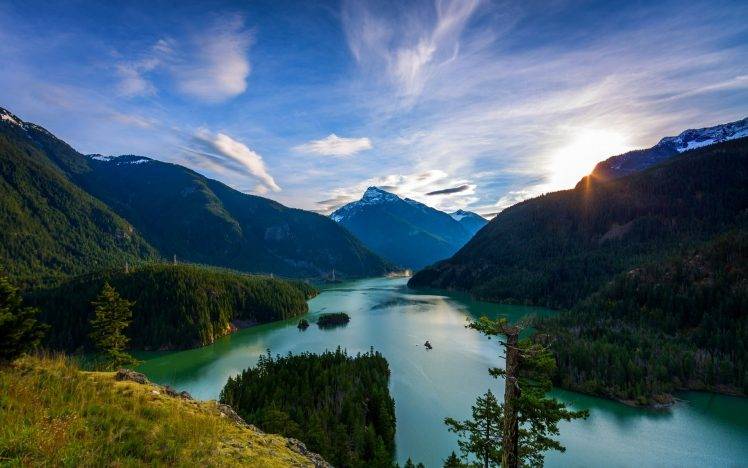 nature, Landscape, Mountain, Sunrise, Lake, Forest, Snowy Peak HD Wallpaper Desktop Background