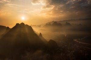 nature, Landscape, Mist, Sunrise, Mountain, Guilin, River, Clouds, China, Cityscape