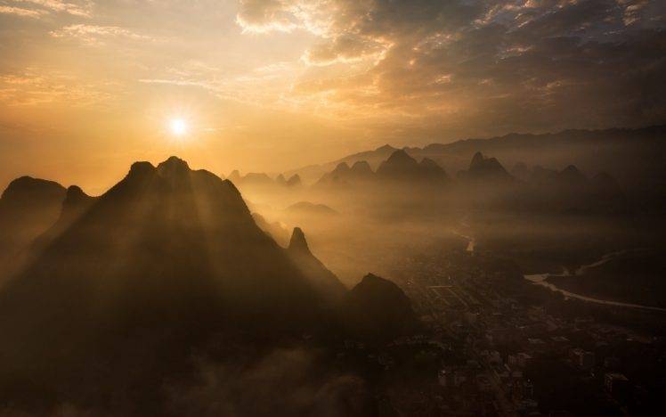 nature, Landscape, Mist, Sunrise, Mountain, Guilin, River, Clouds, China, Cityscape HD Wallpaper Desktop Background