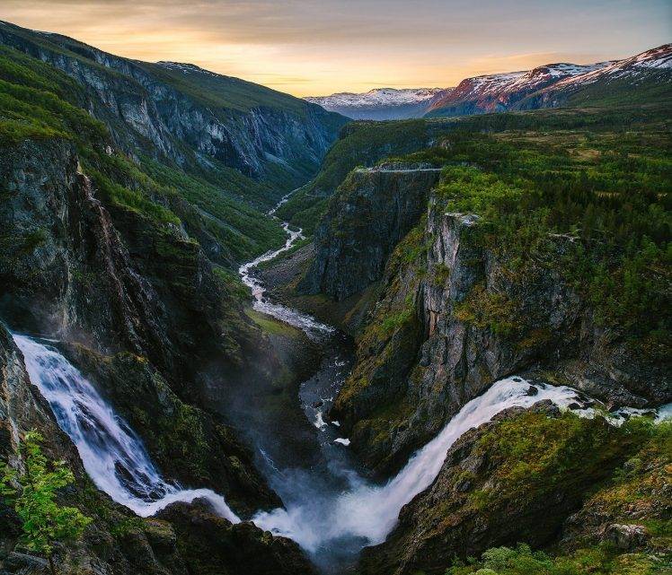 nature, Landscape, Canyon, River, Mountain, Snowy Peak, Waterfall, Norway HD Wallpaper Desktop Background