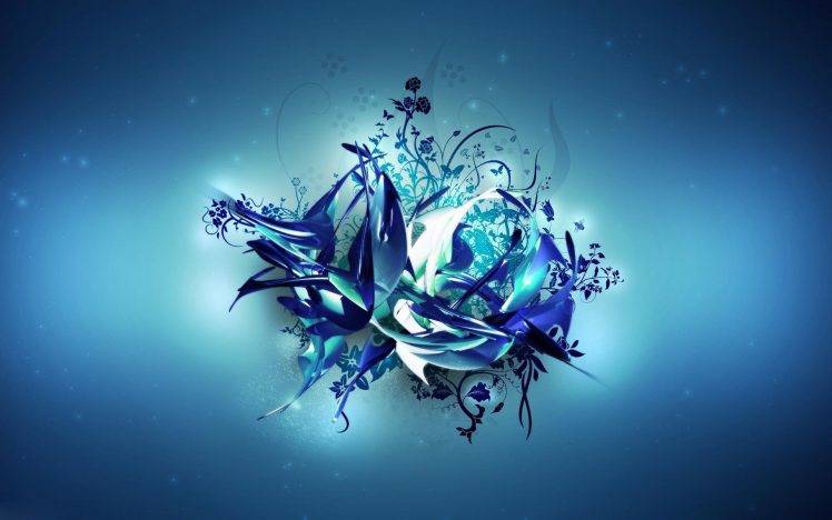 digital Art, Abstract, CGI, Butterfly, Flowers, Blue Background HD Wallpaper Desktop Background