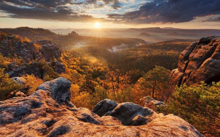 nature, Landscape, Sunrise, Sunlight, Morning, Forest, Rock, Trees, Mountain, Mist HD Wallpaper Desktop Background