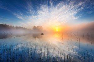 nature, Landscape, Sunrise, Sunlight, Morning, Lake, Mist, Sweden, Water, Yellow, White, Blue