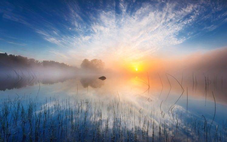 nature, Landscape, Sunrise, Sunlight, Morning, Lake, Mist, Sweden, Water, Yellow, White, Blue HD Wallpaper Desktop Background