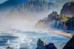 nature, Landscape, Mist, Beach, Sea, Oregon, Forest, Cliff, Sunrise, Mountain