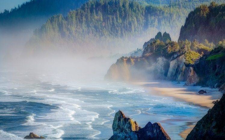 nature, Landscape, Mist, Beach, Sea, Oregon, Forest, Cliff, Sunrise, Mountain HD Wallpaper Desktop Background