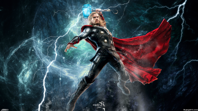 Thor, Chris Hemsworth, Marvel Comics, Comics, Lightning, Mjolnir HD Wallpaper Desktop Background