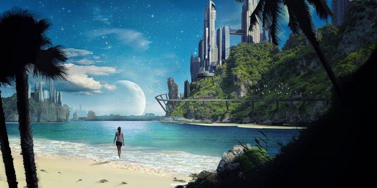 Matte Painting, Space, Futuristic, Beach, Sea HD Wallpaper Desktop Background