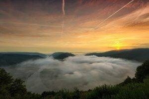 mist, Landscape, Nature, Sunrise, River, Germany, Mountain, Forest, Gold