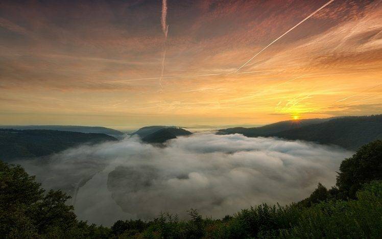 mist, Landscape, Nature, Sunrise, River, Germany, Mountain, Forest, Gold HD Wallpaper Desktop Background
