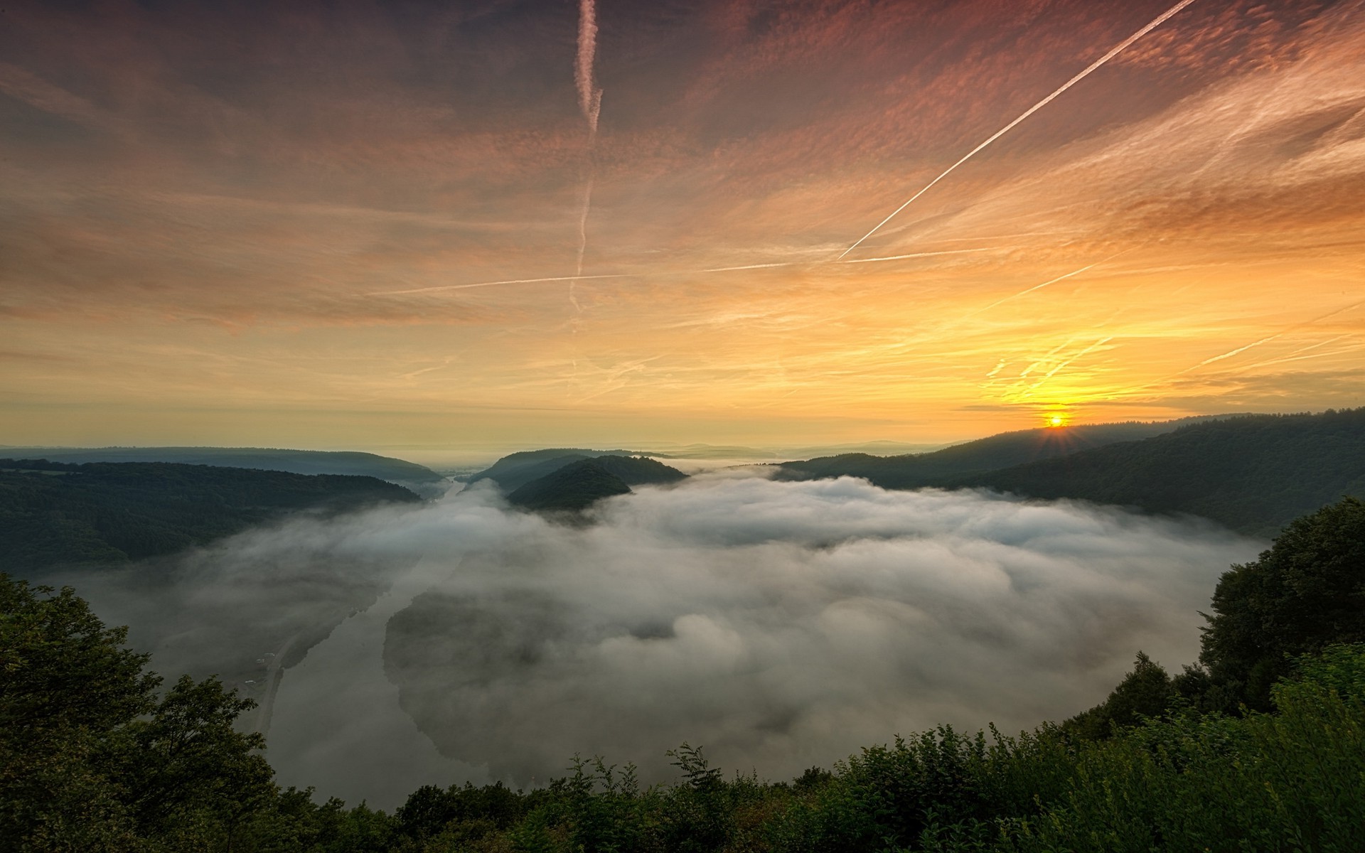 mist, Landscape, Nature, Sunrise, River, Germany, Mountain, Forest, Gold Wallpaper