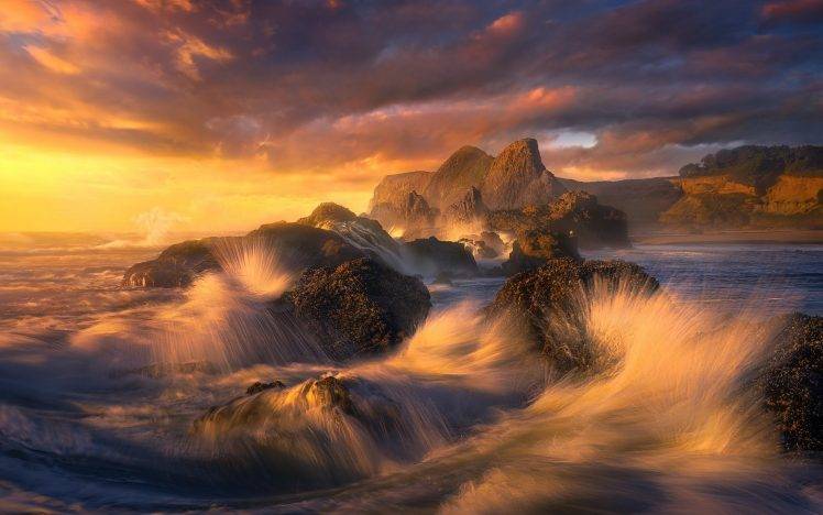mist, Landscape, Nature, Sunset, Beach, Oregon, Sea, Rock, Clouds, Waves, Coast HD Wallpaper Desktop Background