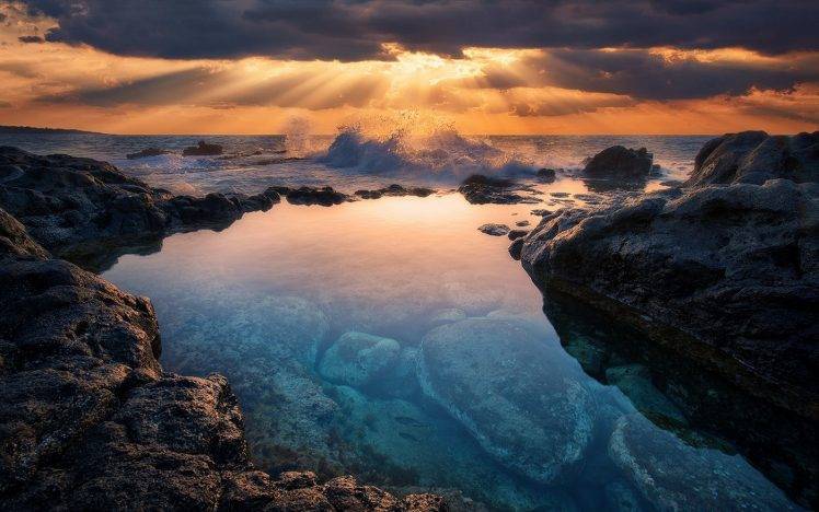 mist, Landscape, Nature, Sunrise, Kauai, Sea, Sun Rays, Coast, Rock, Water HD Wallpaper Desktop Background