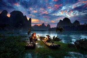 men, Nature, River, Birds, Asian, Mountain, China