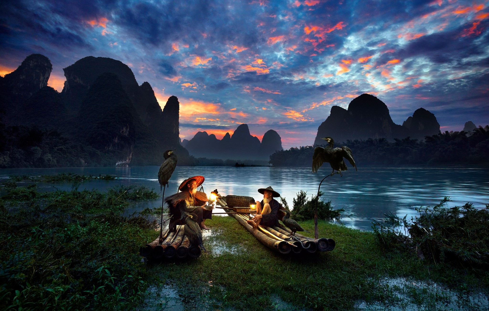 men, Nature, River, Birds, Asian, Mountain, China Wallpaper