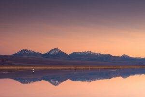 nature, Landscape, Atacama Desert, Mountain, Lake, Sunset, Snowy Peak, Water, Chile, Reflection