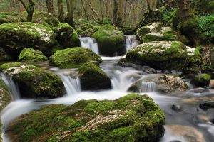 river, Nature, Landscape, Water, Waterfall, Long Exposure, Rock, Moss, Trees, Forest, Stream