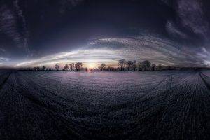 landscape, Nature, Panoramas, Sunset, Field, Trees, Clouds, Fisheye Lens