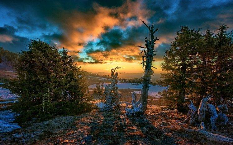 landscape, Nature, Fall, Sunset, Clouds, Snow, Trees, Hill, Sunlight, Oregon HD Wallpaper Desktop Background