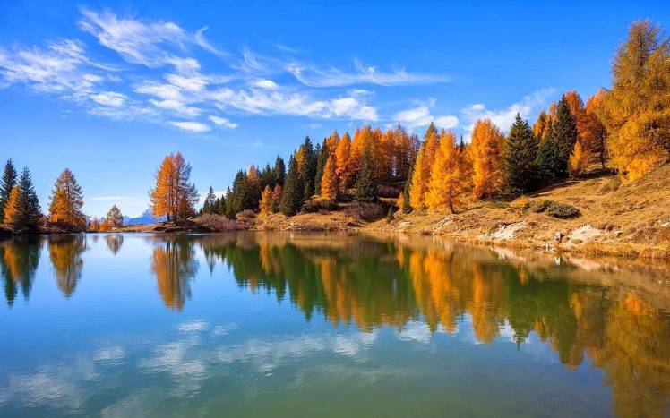 nature, Landscape, Lake, Fall, Forest, Italy, Trees, Water, Calm, Blue, Gold HD Wallpaper Desktop Background