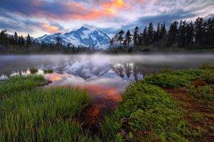 nature, Landscape, Mist, Mountain, Lake, Forest, Sunrise, Washington State, Reflection, Snowy Peak, Water, Clouds