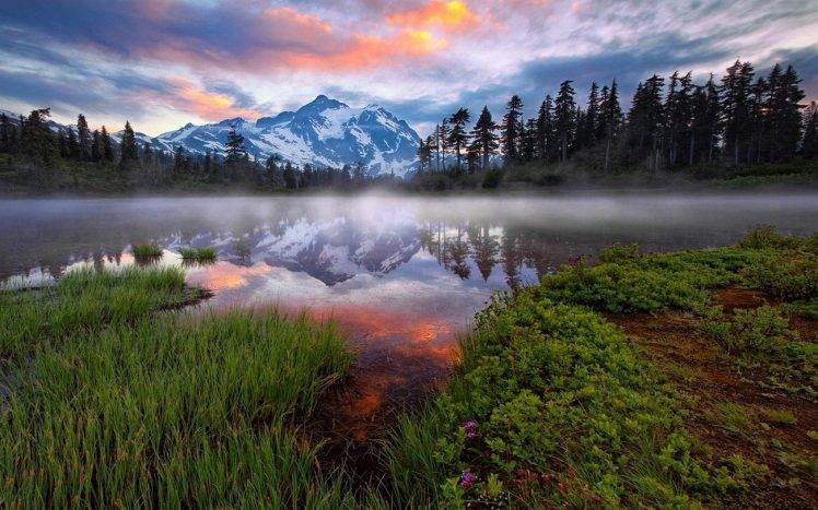 nature, Landscape, Mist, Mountain, Lake, Forest, Sunrise, Washington State, Reflection, Snowy Peak, Water, Clouds HD Wallpaper Desktop Background