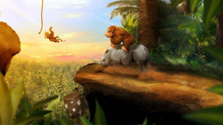 digital Art, Donkey Kong, Video Games, Monkeys, Rhino HD Wallpaper Desktop Background